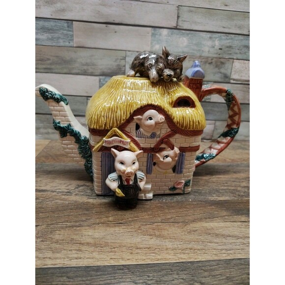 Fitz & Floyd Teapot Collectible Fables & Fairytales THREE LITTLE PIGS  #792/1500 - Picture 3 of 14